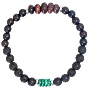 Браслет "Mascot" из малахита, бычьего глаза, дерева, вулканической лавы и серебра 925