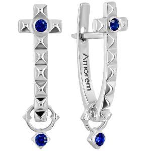 Серьги Крест с синим фианитом, серебро 925