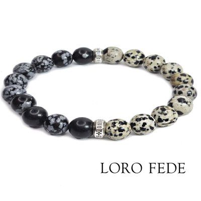 Браслет LORO FEDE Равновесие из снежного обсидиана, далматиновой яшмы и серебра 925