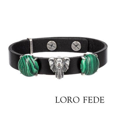 Сет - медальон LORO FEDE Слон, серебро 925, малахит и браслет из натуральной кожи