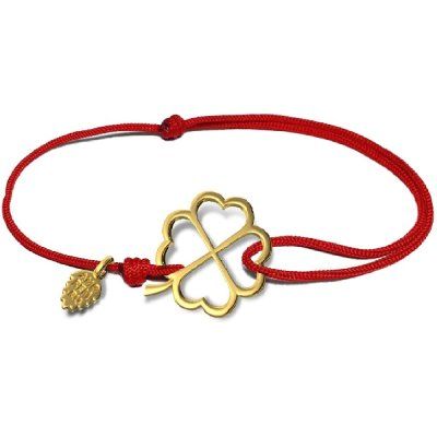 Браслет Четырехлистный Клевер на красной нити, золото 585