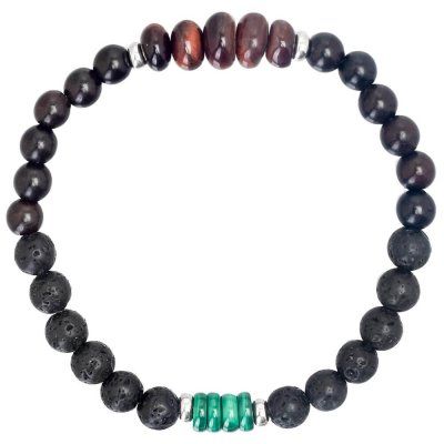 Браслет "Mascot" из малахита, бычьего глаза, дерева, вулканической лавы и серебра 925