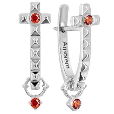 Серьги Крест с красным фианитом, серебро 925 — символ элегантности и благородства