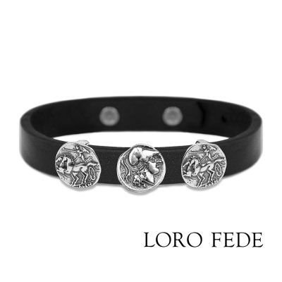 Сет - медальоны LORO FEDE Колесница Александра Великого, серебро 925 и браслет из натуральной кожи