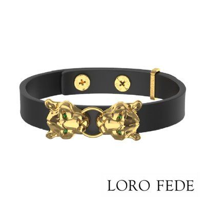  Сет - медальон LORO FEDE Ягуар, изумруд, золото 585 и браслет из натуральной кожи