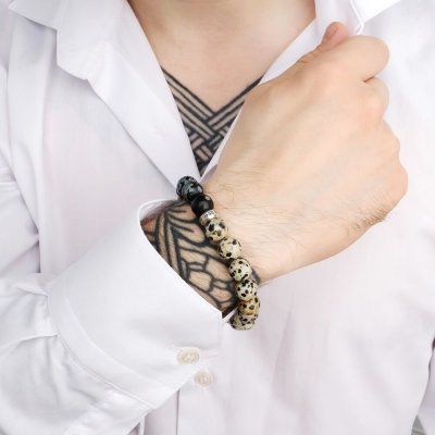 Браслет LORO FEDE Равновесие из снежного обсидиана, далматиновой яшмы и серебра 925