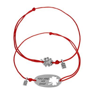 Парные браслеты Клевер с фианитом, серебро 925 на нити